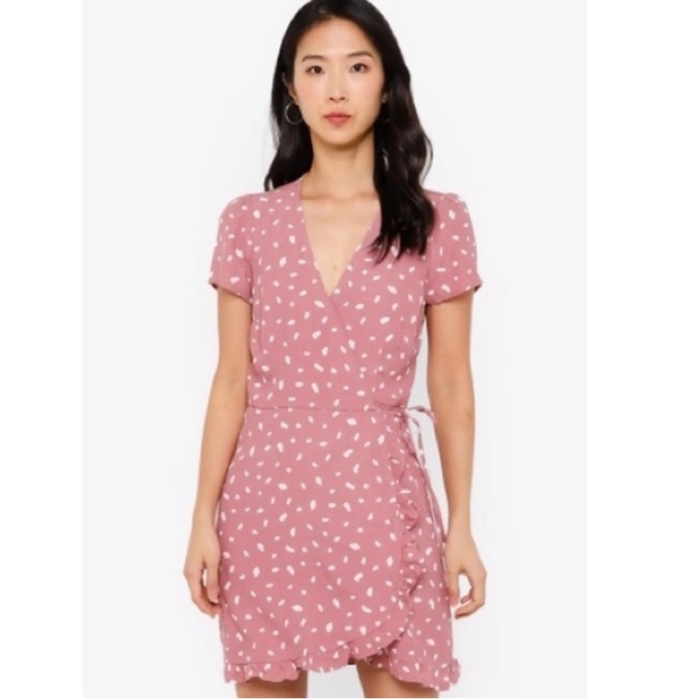 Abercrombie & Fitch Wrap Mini Dress Mauve White Spot Print Ruffle Hem Office M